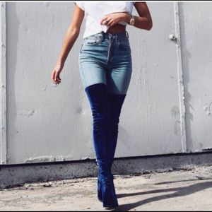 Blue over the knee velvet boots